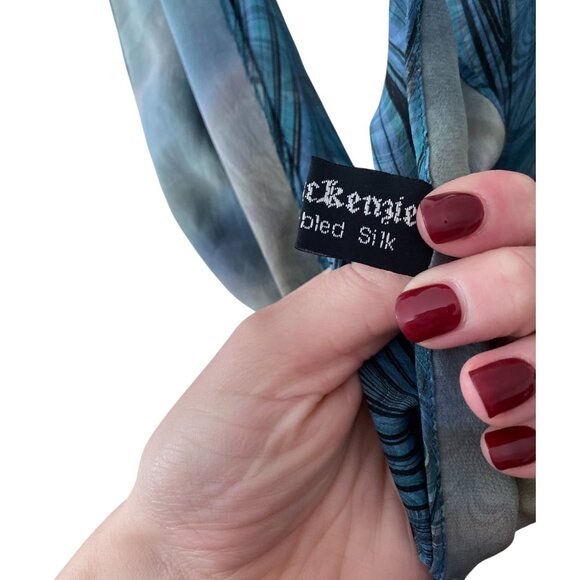 Gail Mackenzie Silk Hand Made Blue Patterned Scarf Rectangle Floral Marbelized - Picture 5 of 6